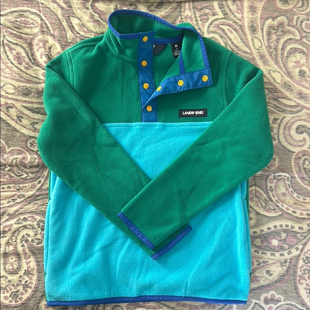Lands' End Green & Aqua Colorblock Fleece Pullover